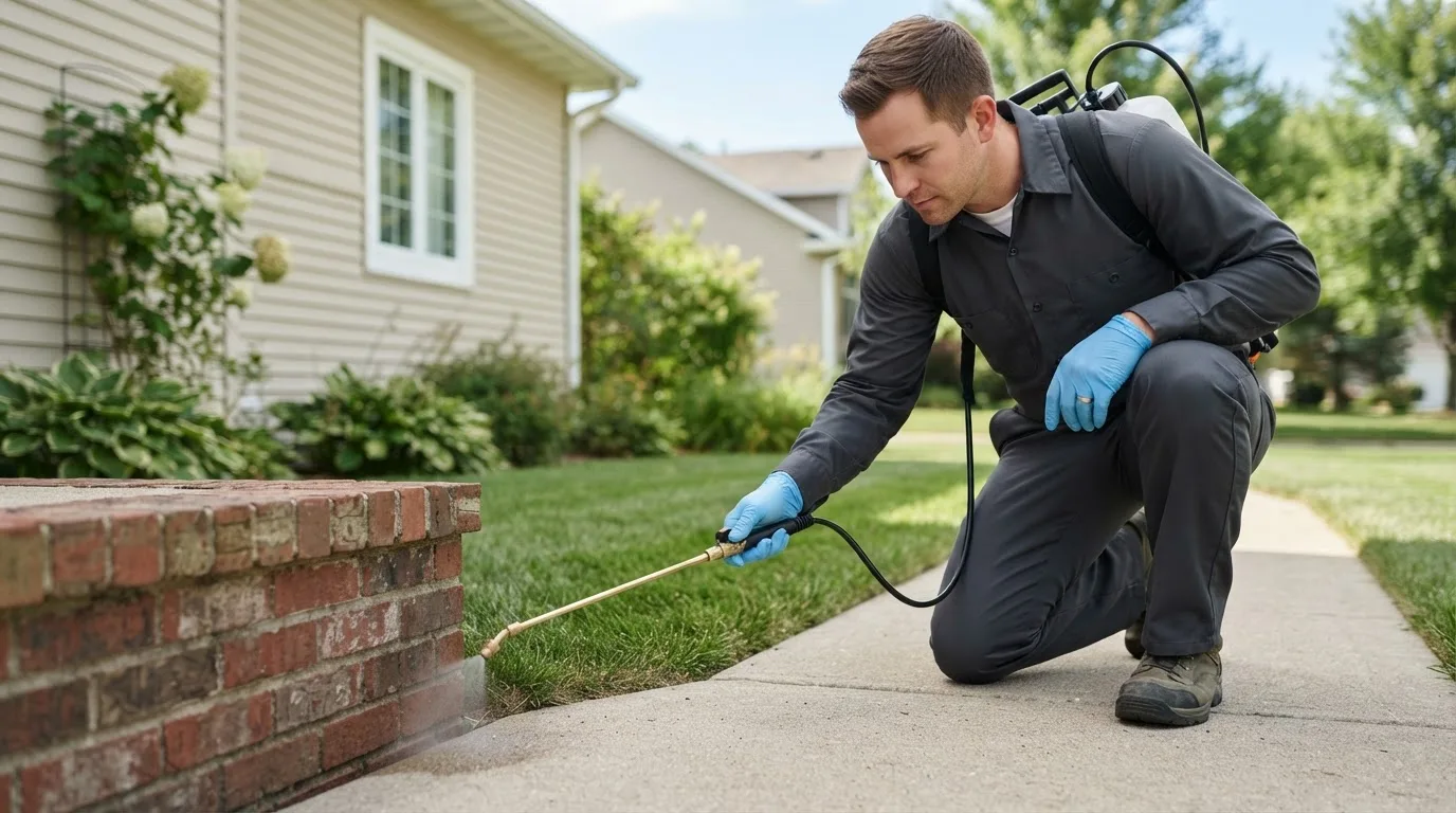 Pest control technician treating a home near Rosedale, IN