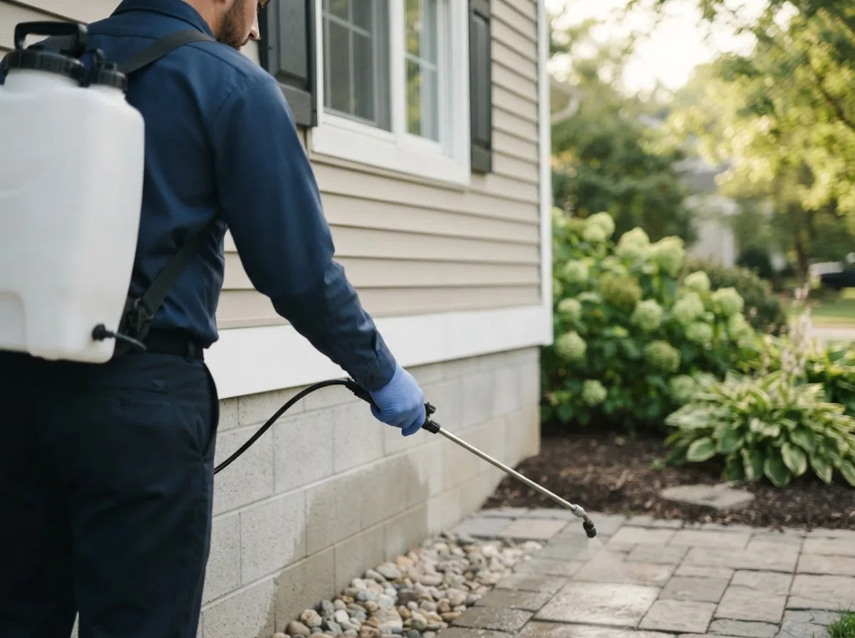 Pest control technician inspecting a home in Rosedale, IN